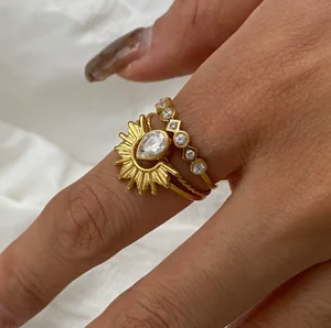 Ilona New Arrival Minimalist 18K Gold Lated Stainless Steel Ring Three Layer Cubic Zircon Adjustable Rings for Women