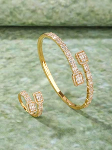 Sparkling Classic Wedding Engagement Party Jewelry Set Zircon Rhodium Plated Brass Bracelet & Ring Suite