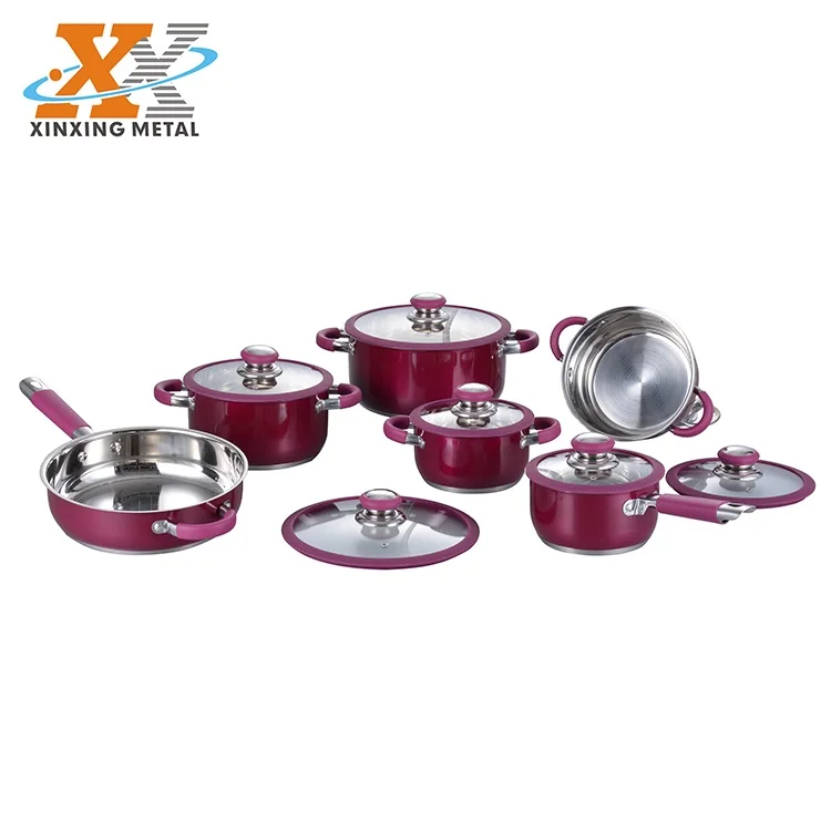 Popular 12Pcs Stainless Steel Cookware Set With Coloring Silicone Handle