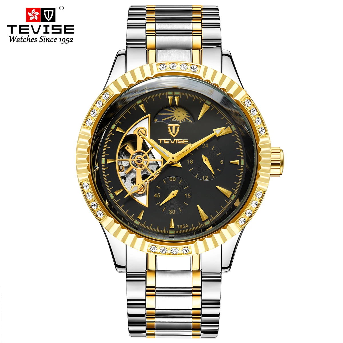 TEVISE 629F Moon Phase Automatic Mechanical Watch Multiple Time Zone 3 ATM Waterproof High Quality Watches for Men