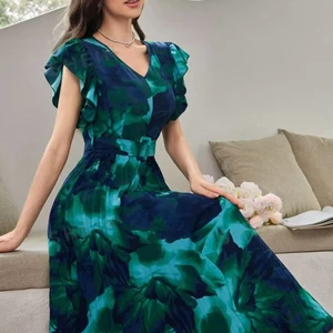 Summer Retro Printed Dress Black Fungus Edge Spliced Belt Buckle Decor Pleated Cinched Waist Tie-Dyed Natural Washable Chiffon