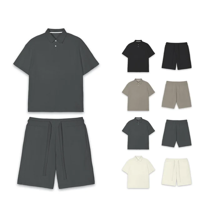 High Quality Loose Heavyweight Polo Shirt Waffle Set Trendy Polo Shirt Shorts Men's Two-Piece Set