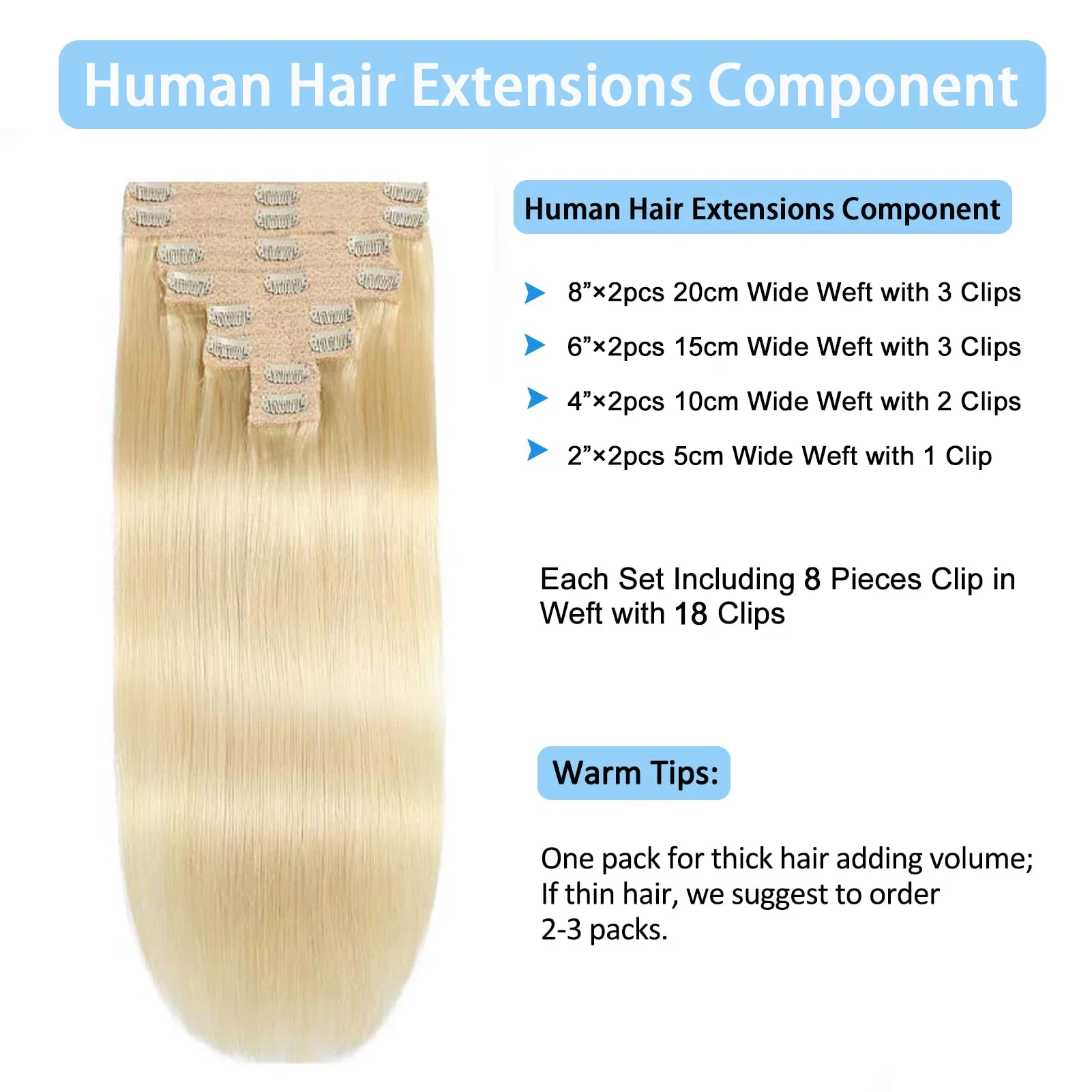 Gebleichte blonde Clip-in-Haarverlängerungen aus Echthaar, 8-teilig/Set für Frauen_voghion.com