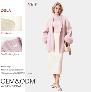 Luxury Elegant Double Sided Women's Short Woolen Eco-Friendly Coat Handmade Casual with Fox Fur Belt Closure for Winter