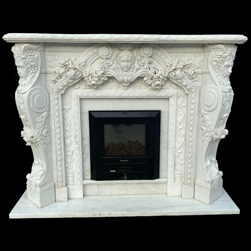 Natural hand carved indoor Stone Mantel With electronic fireplace