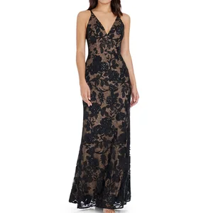 Romantic Ladies Bodycon V-Neck Mermaid Gown Sparkling Sequined Floral Design Vintage Formal Dress with Logo