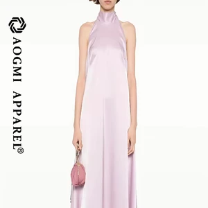 Haute Couture Fashion Ladies Sleeveless Neck Halter Asymmetrical Maxi Dress 100% Silk Eco-Friendly