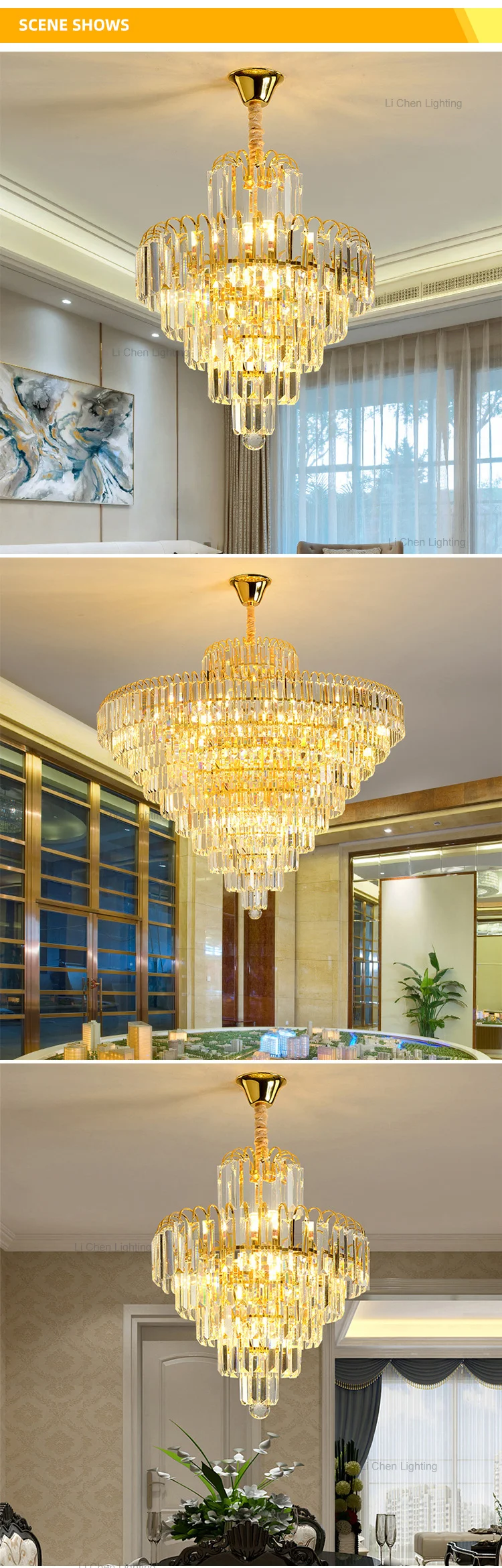 p0058 luxury round gold crystal chandelier  modern tiered led pendant lamp for living room-4