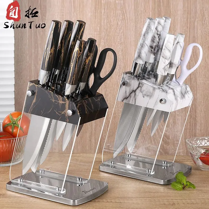 High Quality Transparent Color 3cr13 Kitchen High Carbon Stainless Steel Meat Kebab Messer Chef Cutter Knife Set with Holder
