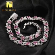 Hip Hop Fashion Jewelry Pink And Pear Shaped Zircon Diamond Studded Heart Mixed Infinity Cuban Link Chain