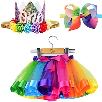Newborn Baby Girls 1st Birthday Rainbow Tulle Skirts Sets Hairbow and Crown Headband Kids Baby Toddler Infant Girl Tutu Skirt