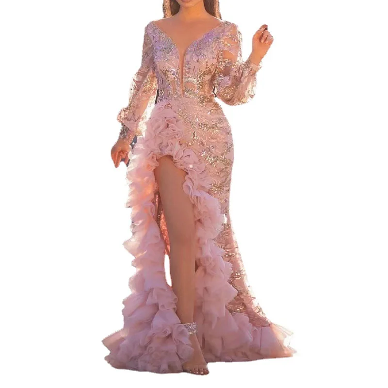 Alibaba.com: HONGQIAN HQ3001-320 Evening Dress, Sleeveless Lace Beads, High  Neck Mermaid Backless with Ruffles : Connect with reliable suppliers for  quality clothing.