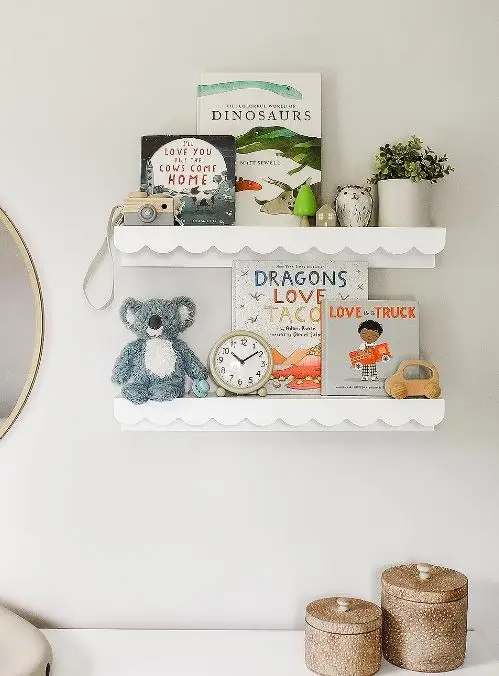 Custom Wood Floating Nursery Book Shelves Wall Pair of 24in Scalloped White Nursery Book Shelves for Kids Room Cloud Shelves