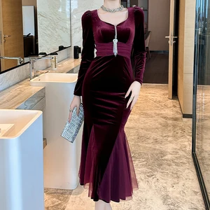 ZYHT 20997 New Arrival Fashion Lace Decoration Slim Fit Winter Birthday Elegant Fishtail Velvet Evening Midi Dress Women