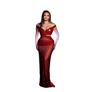 Top Quality Fashion Dress Elegant Evening Women's Party Evening Long Runway Dress V-neck Red Mid-waist Sequined Dress