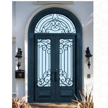 Customized Factory Prices Luxury Single Wrought Iron Exterior Main Entrance Door with Sliding Glass Elegant Front Entry Gate