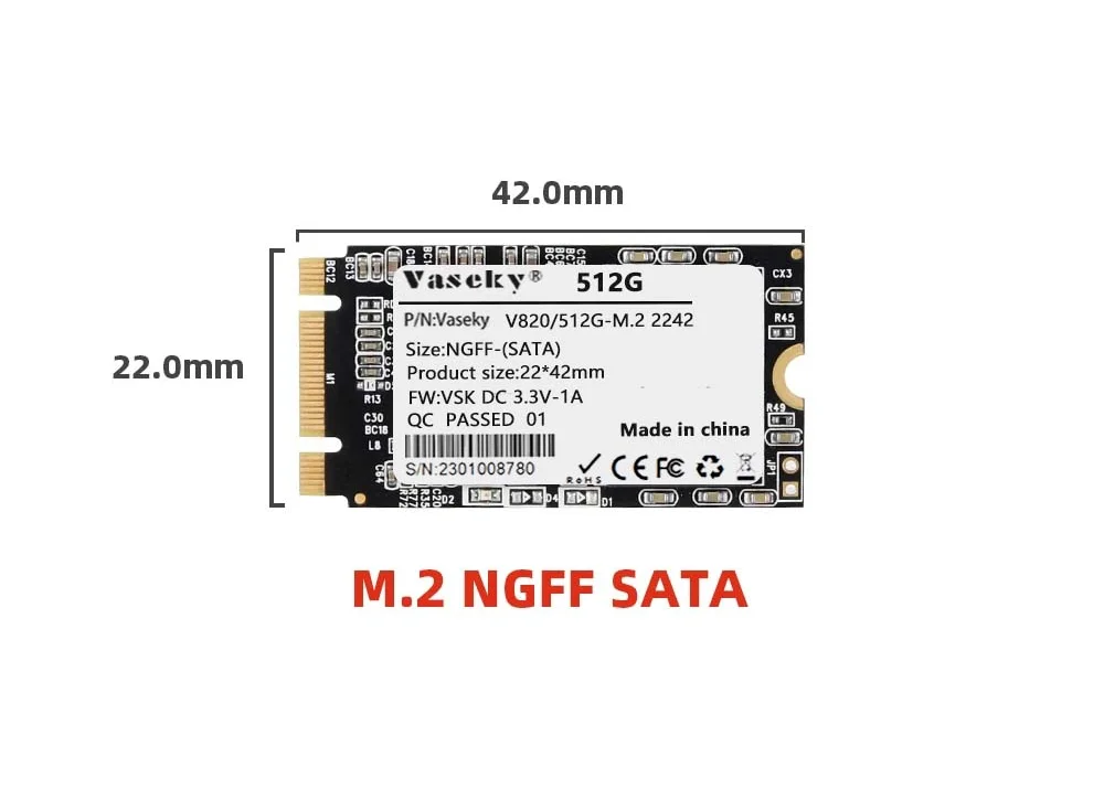 Vaseky M2 2242 SSD - 512GB/1TB SATA Solid State Drive for Laptops