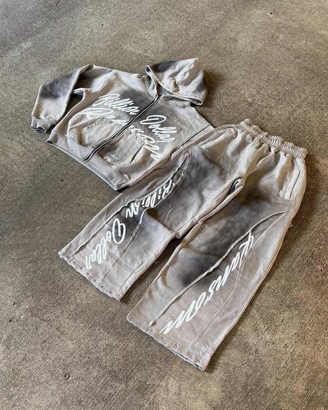 OEM&ODM Manufacturer Custom Applique Distressed Embroidery Acid Wash Tracksuit Men Heavyweight Cotton Zip up Hoodie Set gallery 7