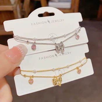 Korean Version Fashion Wild Double Layer Pearl Bow Bracelet Senior Sense Copper Gold-Plated Hand Jewelry Brass Zircon Wholesale