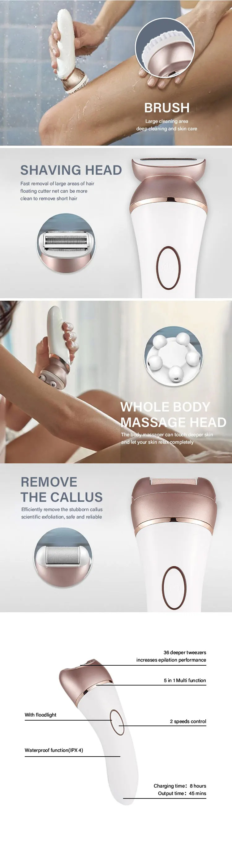 Women Portable Cordless Electric Epilator 5 Attachments For Legs