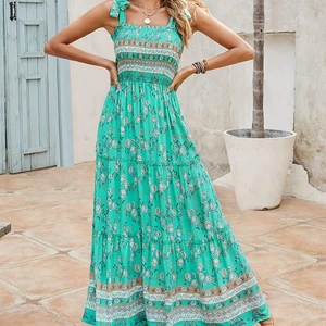 Women's Long Boho Dress with Spaghetti Strap or Strapless Design Eco-Friendly Digital Printed Loose Casual Style