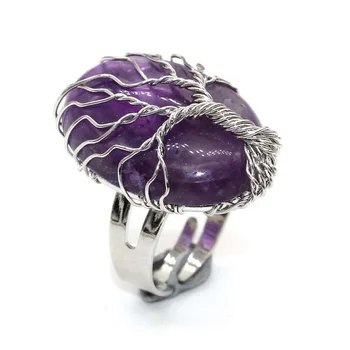 Oval Shaped Wire Wrapped Tree Ring Sliver Ring Amethyst Rose Quartz Green Aventurine Tiger Eye Ring