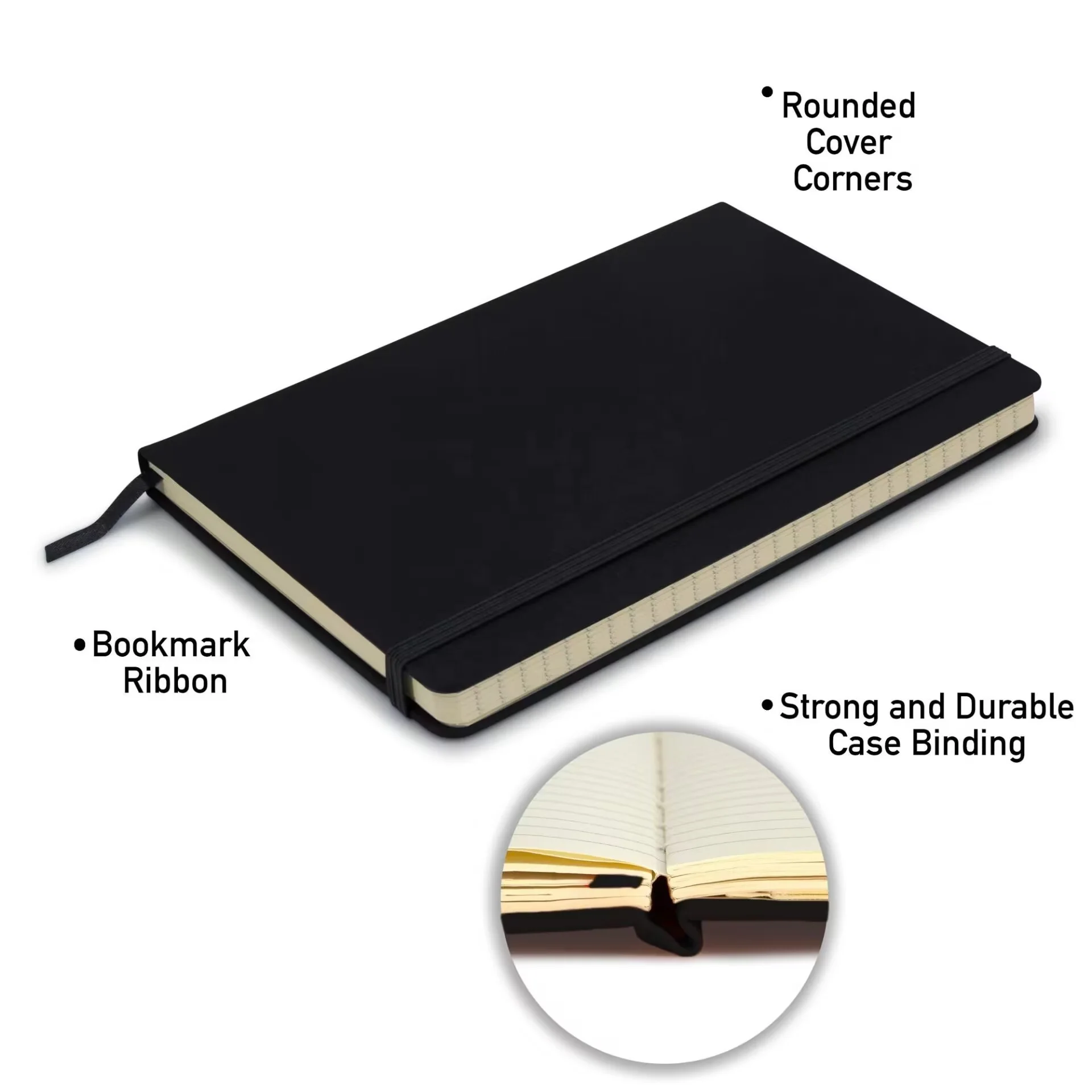 FSC Certified Low MOQ Black Notebooks with Custom Gold logo on Front Oem Planner and Journal Hard Cover A5 PU Leather Notebook