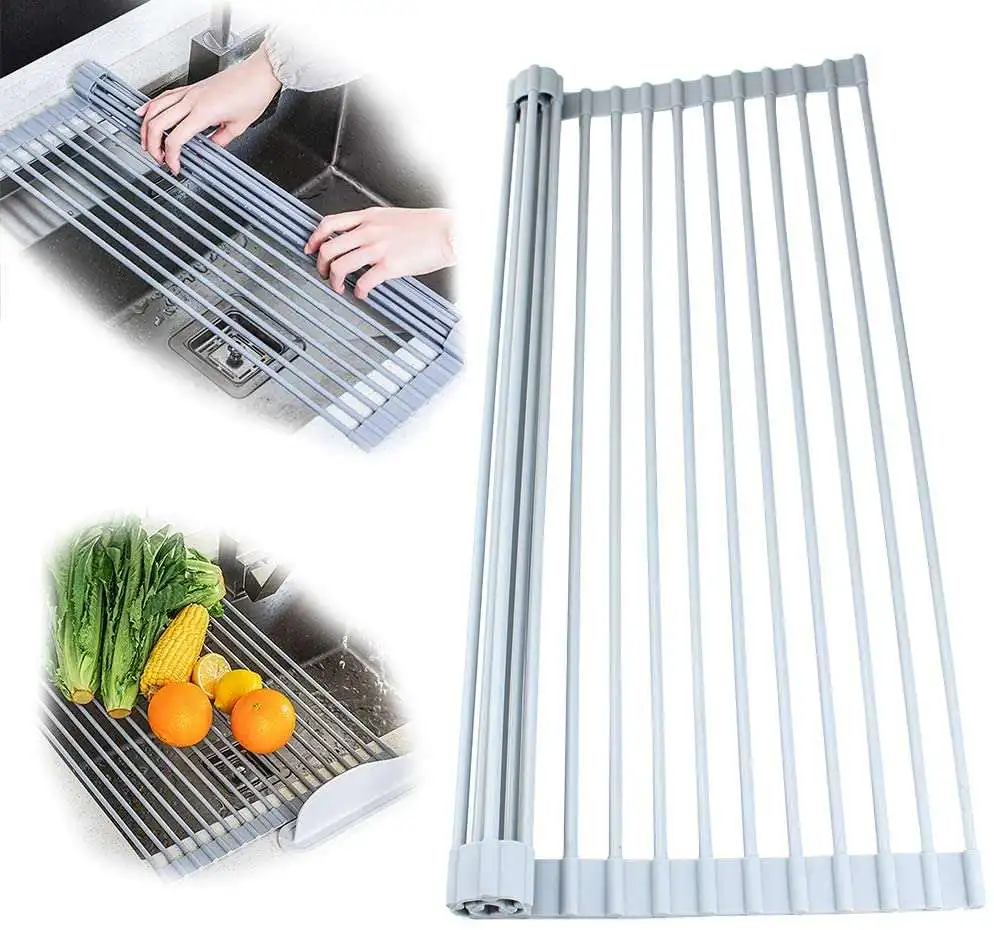 Amazon Hot Sale Stainless Steel Silicone Collapsible Organizer Drainer Rack Kitchen Over Sink Roll U