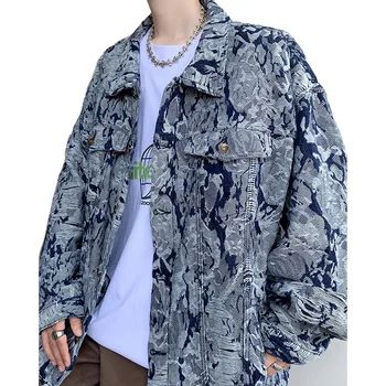 New vintage embroidery pattern dark denim long-sleeved top for men and women, trendy casual versatile jacket