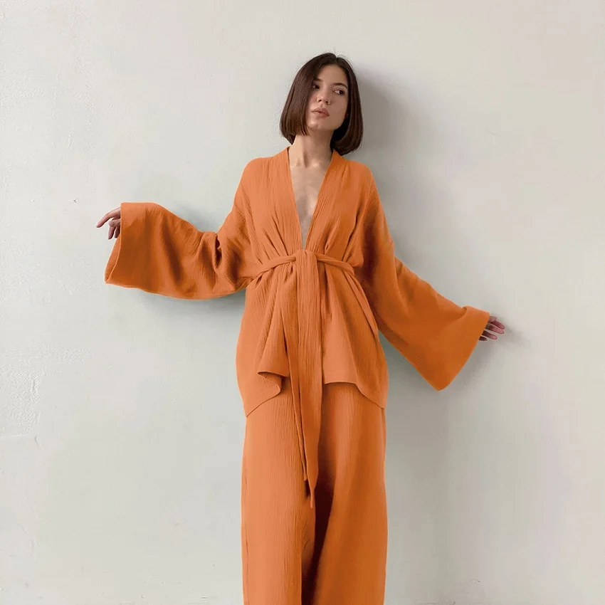 Womens Washed Cotton Gauze Pajama Set Double Layer Breathable Long Sleeve Wrap Full Length Pants Autumn Loungewear — detail