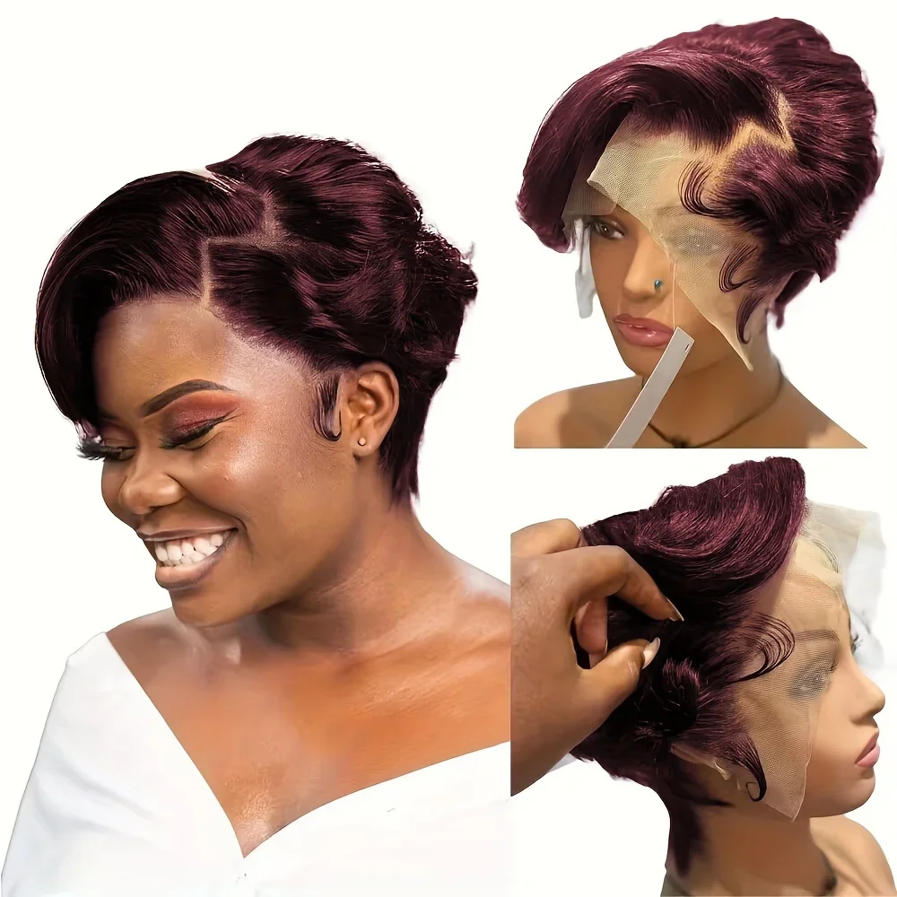 Parrucca frontale in pizzo 13x4 Parrucche umane Remy con parte laterale Taglio corto Pixie per capelli da donna_voghion.com