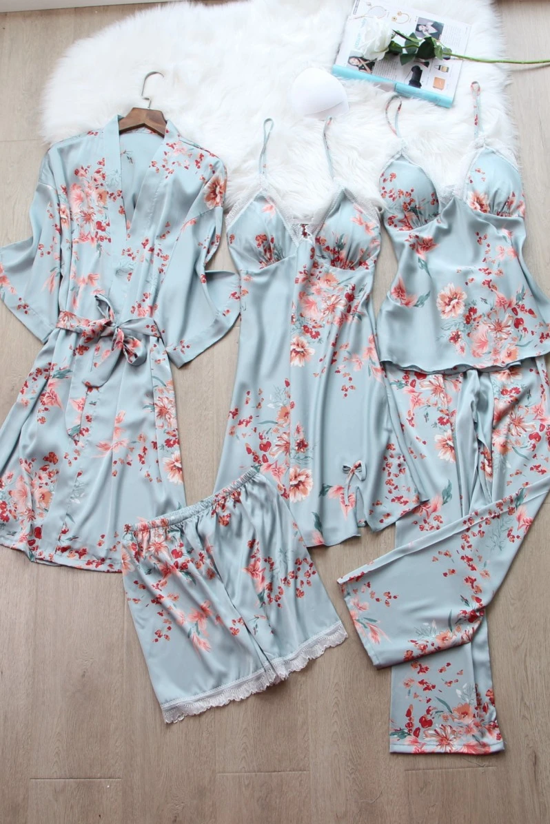 Floral pajamas women's sexy 5pcs ice silk thin nightdress long ladies nightgown