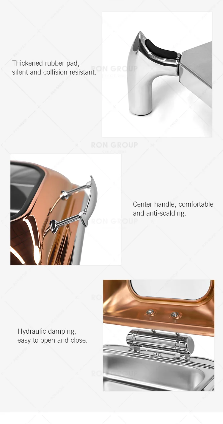 Hotel Restaurant Server Stainless Steel Square Rose Gold Luxury Food Warmer Hydraulic Chafing Dish Buffet Set