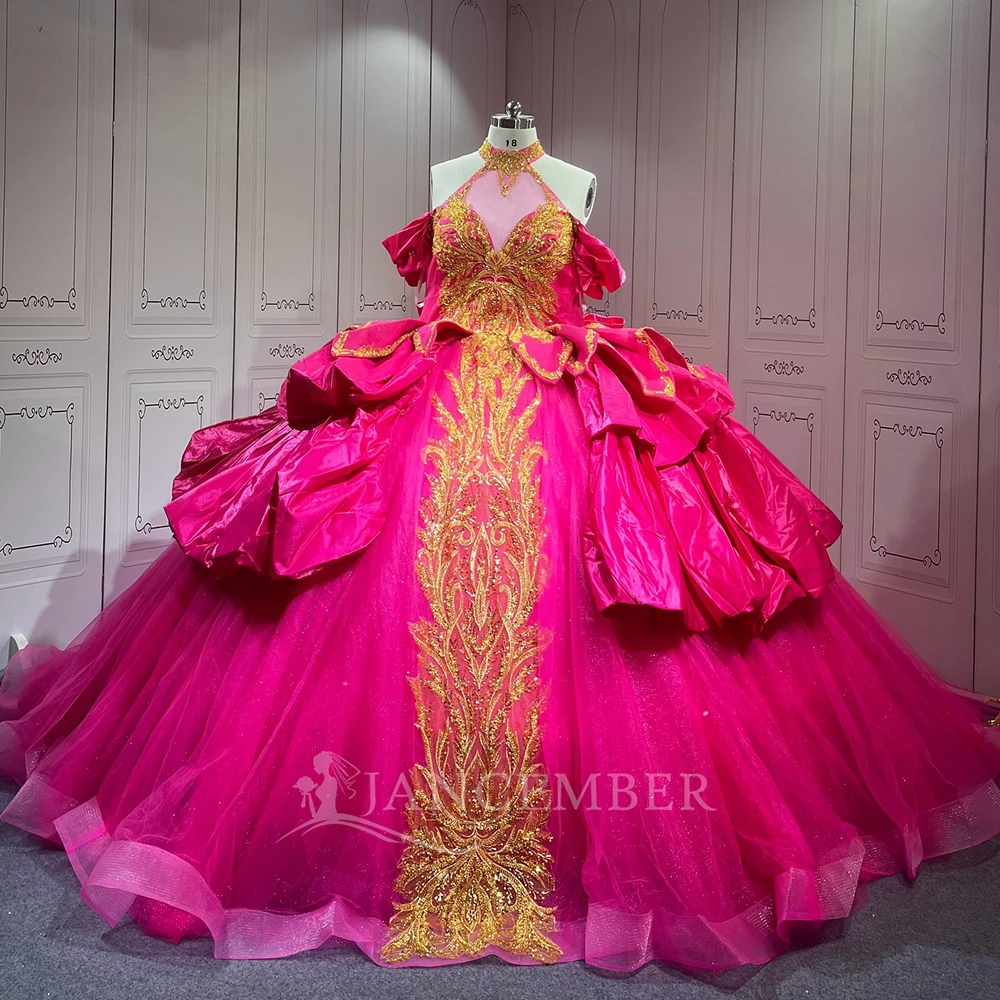 Ball Gown Beaded Gold Appliques Fuchsia Satin Quinceanera Dress Evening  Party Gown For Sweet 16 Lsmu117