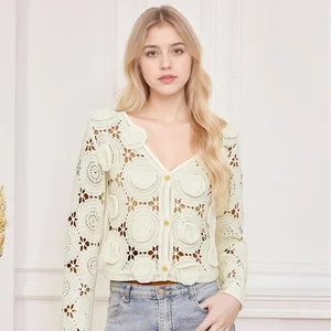 French Style Computer Knitted Solid Long Sleeve Hollow Knit Anti-Pilling V-neck Cardigan Women Outerwear