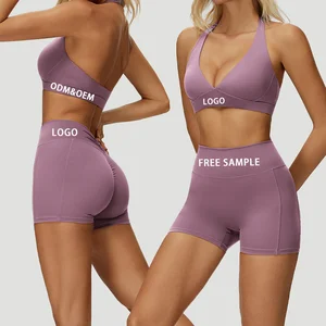 Custom logo High Waist Hip Lift Sport Shorts Deep V Halter Bra Women's Sportswear Gym Waer Yoga Sets