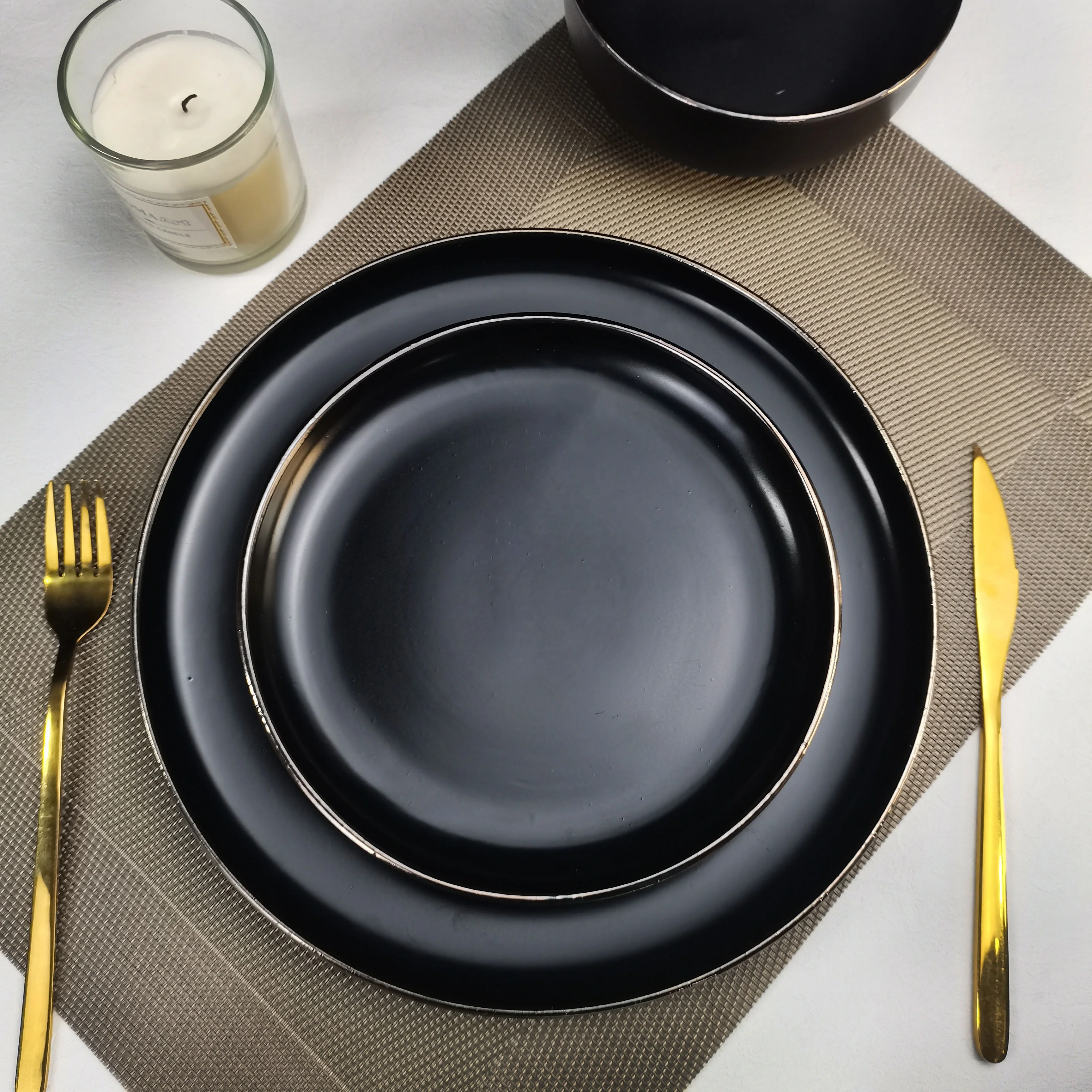 Gold Rim Matte Black Rustic Stone Tableware Dinnerware Set for