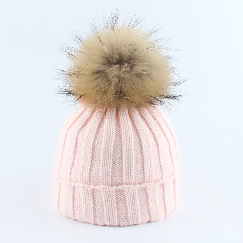 工厂批发冬季帽子保暖女式浣熊儿童冬季帽子毛球粗针织winte