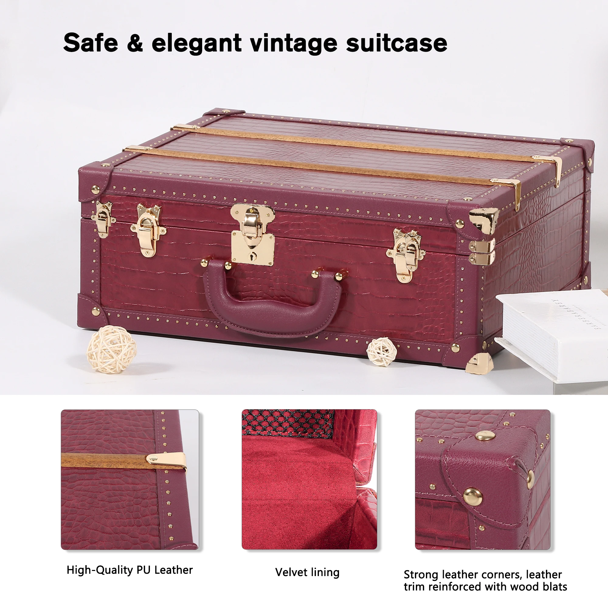 Custom Vintage Wooden Trunk Box Mini PU Leather Travel Suitcase Luggage Set Luxury Classic Simple Style for Women
