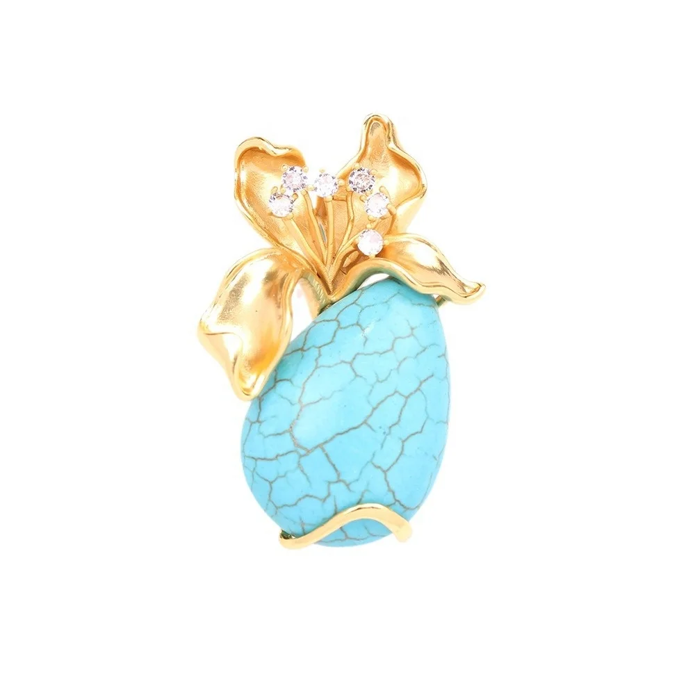 2024 New Arrival Turquoise Flower Brooch 18K Gold Plated Gem Stone Brooches Fashion Accessories Brand Gift Hijab CZ Pins