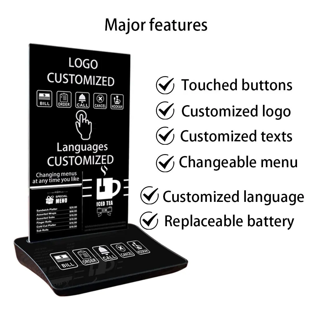 Artom Waiter Call Button with Menu Stand and Different Texts in Other Languages Wireless Calling System Service Caller