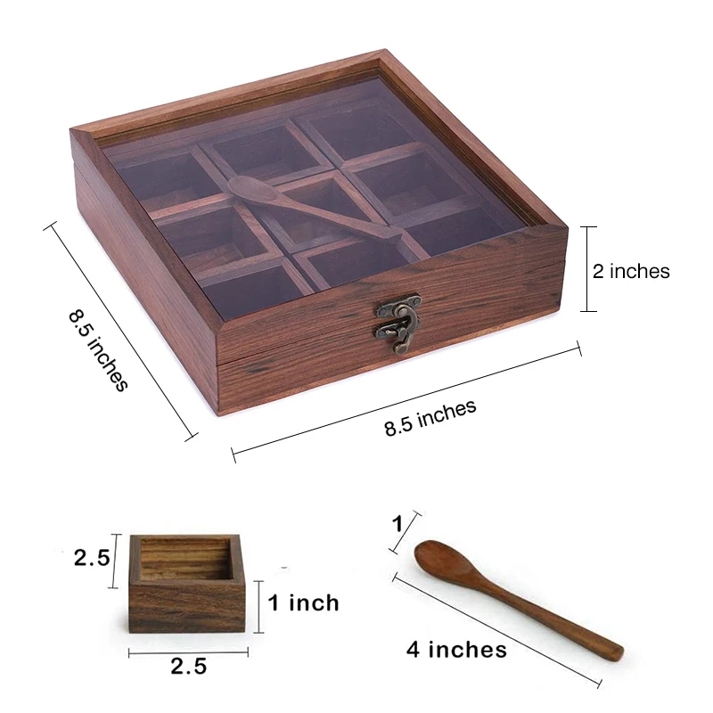 Wooden Spice Kitchen Salt Box Spice Jar 9x9 Inch Organizer With Glass Lid 9 Compartments
