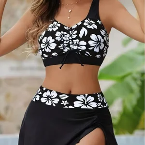 Custom Senyun Women Bandeau Two-Piece High Waist Ethnic Flower Bikini Skirt Cross Straps Quick Dry Stretch Spandex/Polyester