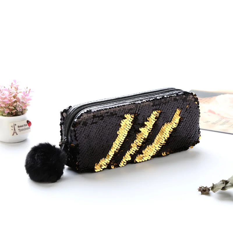 Mermaid Reversible Sparkly Sequin Pencil Case Black/Green or Black/Gold 
