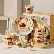 Family Classic Design Cartoon Girl Boy Round Porcelain Tableware Set Hand-Painted Eco-Friendly Ceramic Dinner Bowl Mug Cup Plate