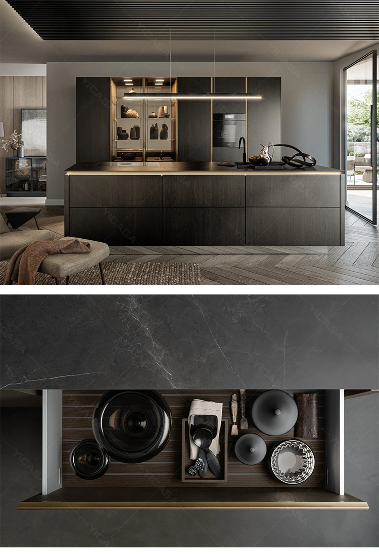 Custom Wood Grain Kitchen Cabinets with Quartz Countertop