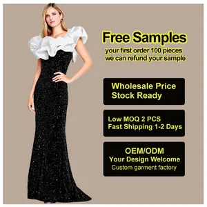 Custom Luxury Elegant Women's Dress High Waisted Velvet Sequins Floor-Length Summer Casual Party Evening Dresses Wholesale