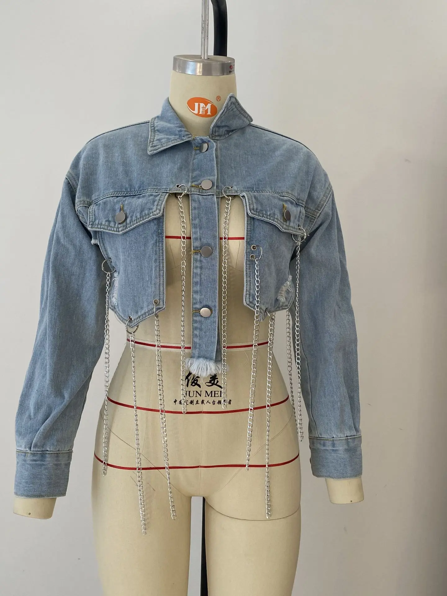 Lovemi - Short Frayed Denim Jacket Female Chain Fashion Denim