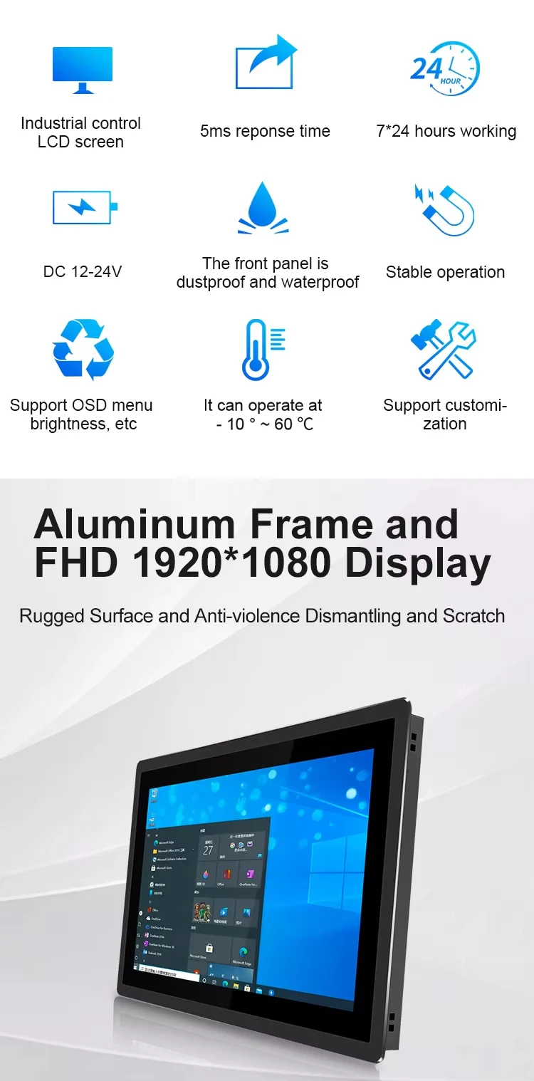15.6 Inch Industrial Sunlight-readable IPS LCD Monitor Capacitive Touch Screen True Flat HD VGA Industrial Display
