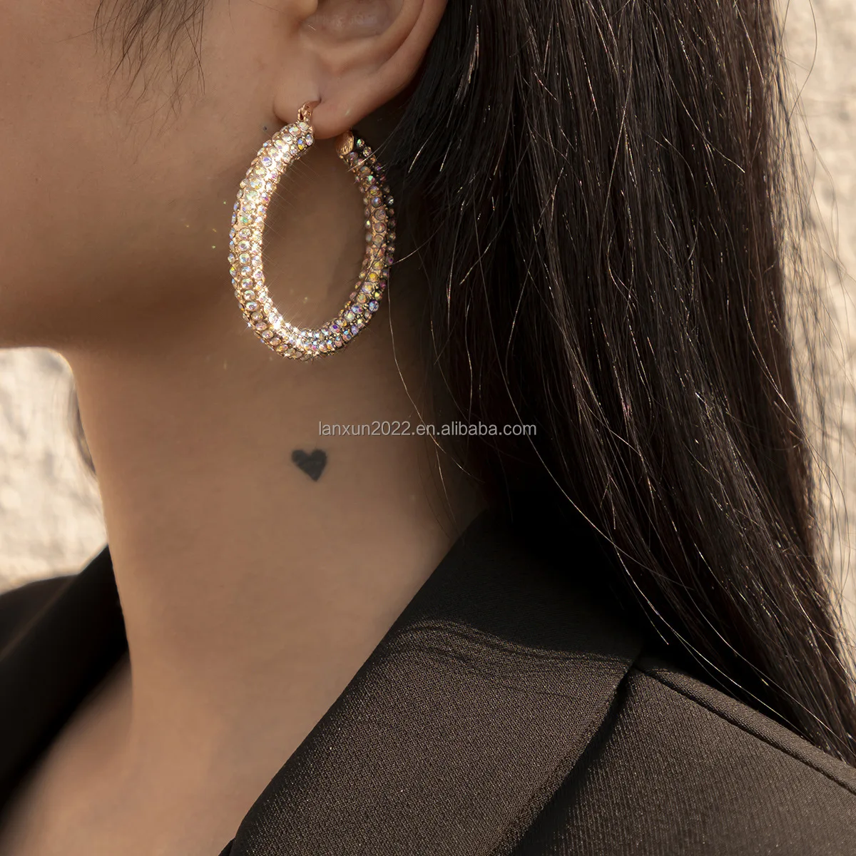 Luxury Full Diamond Hoop Earrings Bling Rhinestone Oversized Circle